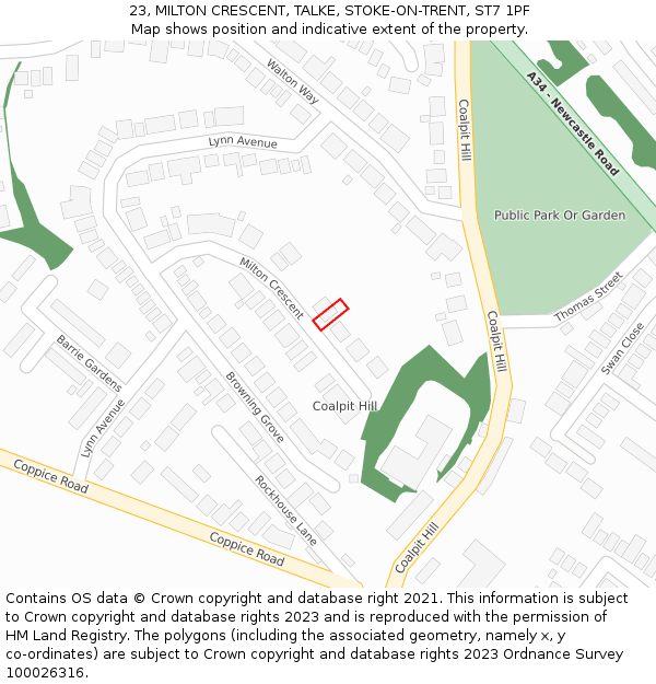 23, MILTON CRESCENT, TALKE, STOKE-ON-TRENT, ST7 1PF: Location map and indicative extent of plot