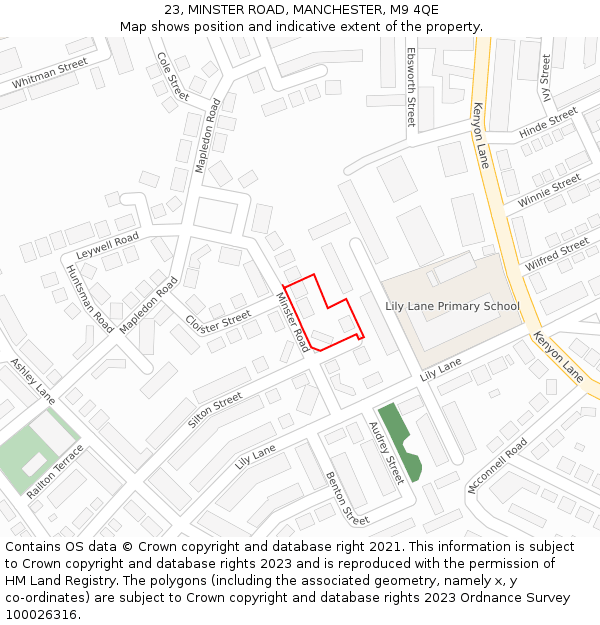 23, MINSTER ROAD, MANCHESTER, M9 4QE: Location map and indicative extent of plot