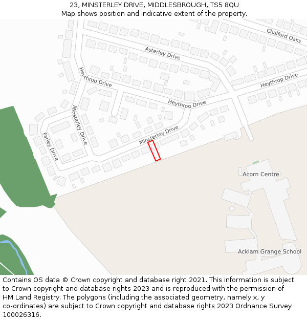 23, MINSTERLEY DRIVE, MIDDLESBROUGH, TS5 8QU: Location map and indicative extent of plot