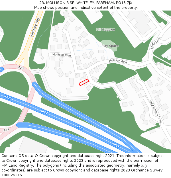 23, MOLLISON RISE, WHITELEY, FAREHAM, PO15 7JX: Location map and indicative extent of plot
