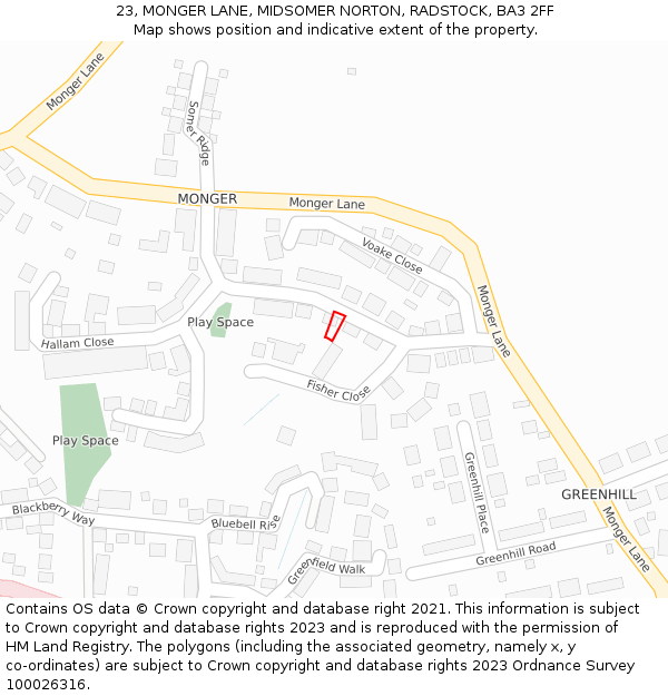 23, MONGER LANE, MIDSOMER NORTON, RADSTOCK, BA3 2FF: Location map and indicative extent of plot