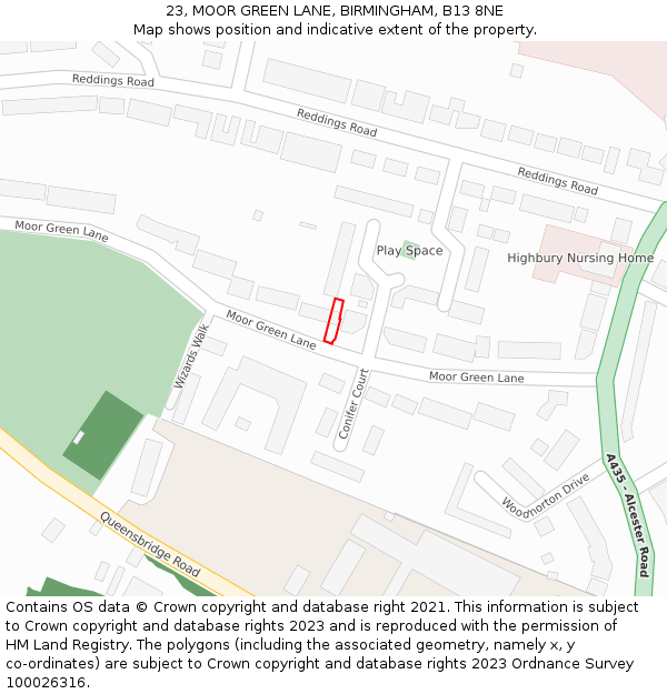 23, MOOR GREEN LANE, BIRMINGHAM, B13 8NE: Location map and indicative extent of plot