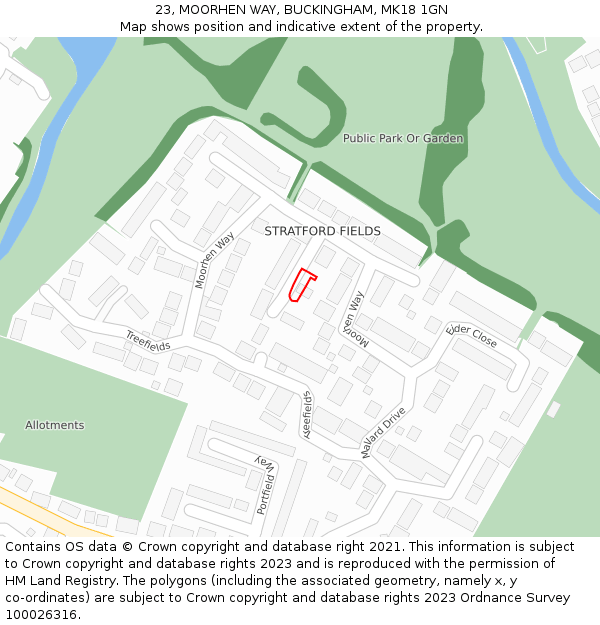 23, MOORHEN WAY, BUCKINGHAM, MK18 1GN: Location map and indicative extent of plot