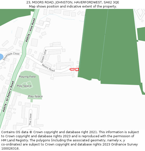 23, MOORS ROAD, JOHNSTON, HAVERFORDWEST, SA62 3QE: Location map and indicative extent of plot
