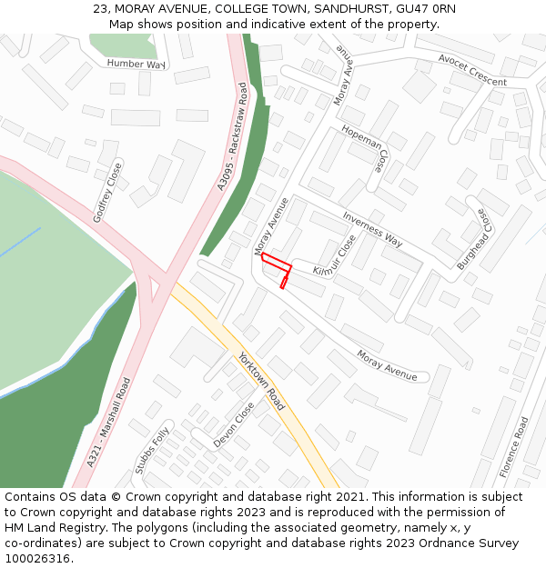 23, MORAY AVENUE, COLLEGE TOWN, SANDHURST, GU47 0RN: Location map and indicative extent of plot