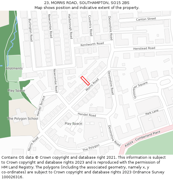 23, MORRIS ROAD, SOUTHAMPTON, SO15 2BS: Location map and indicative extent of plot