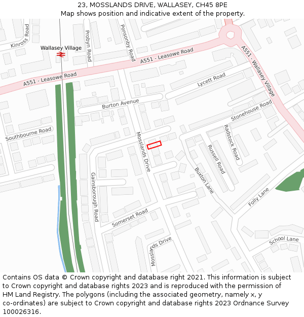 23, MOSSLANDS DRIVE, WALLASEY, CH45 8PE: Location map and indicative extent of plot