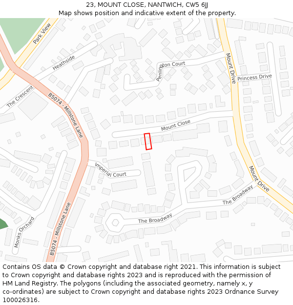 23, MOUNT CLOSE, NANTWICH, CW5 6JJ: Location map and indicative extent of plot