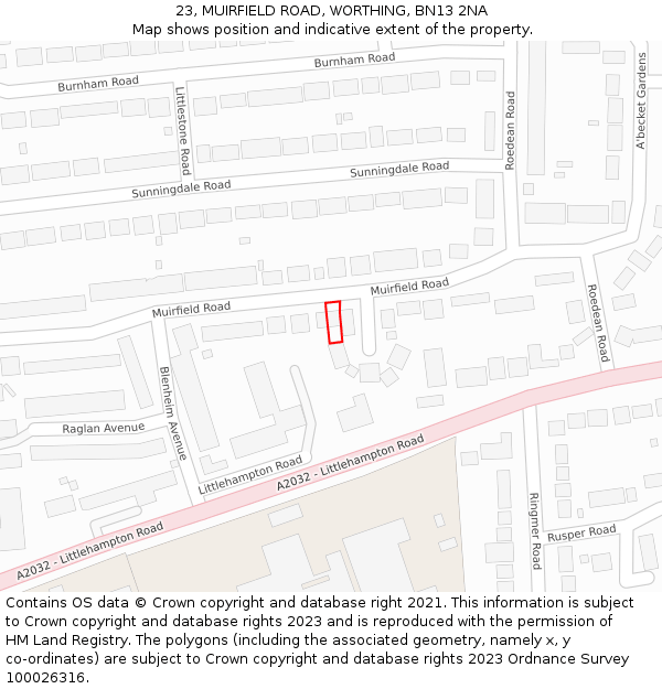 23, MUIRFIELD ROAD, WORTHING, BN13 2NA: Location map and indicative extent of plot
