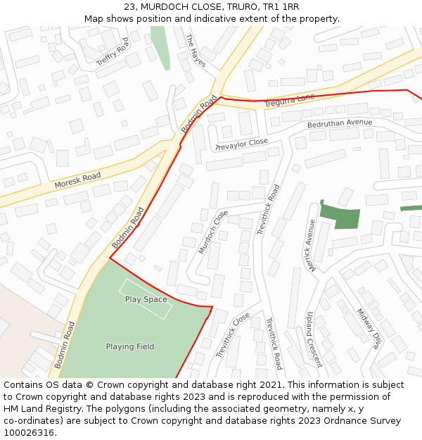 23, MURDOCH CLOSE, TRURO, TR1 1RR: Location map and indicative extent of plot