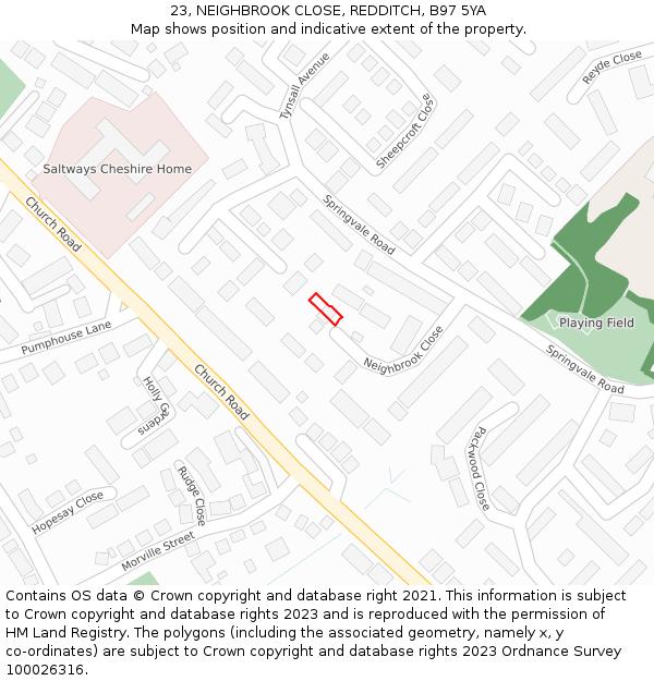 23, NEIGHBROOK CLOSE, REDDITCH, B97 5YA: Location map and indicative extent of plot
