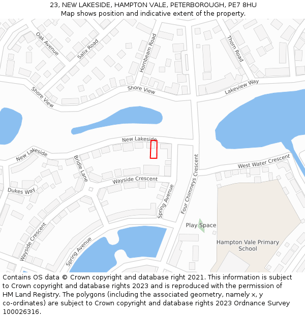 23, NEW LAKESIDE, HAMPTON VALE, PETERBOROUGH, PE7 8HU: Location map and indicative extent of plot
