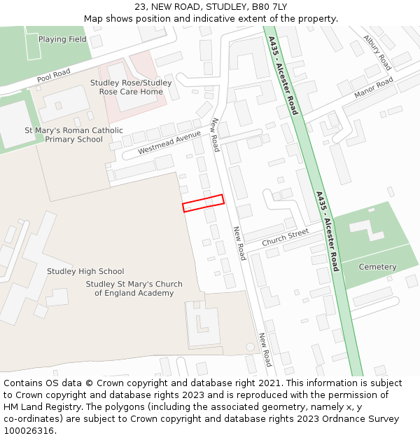 23, NEW ROAD, STUDLEY, B80 7LY: Location map and indicative extent of plot