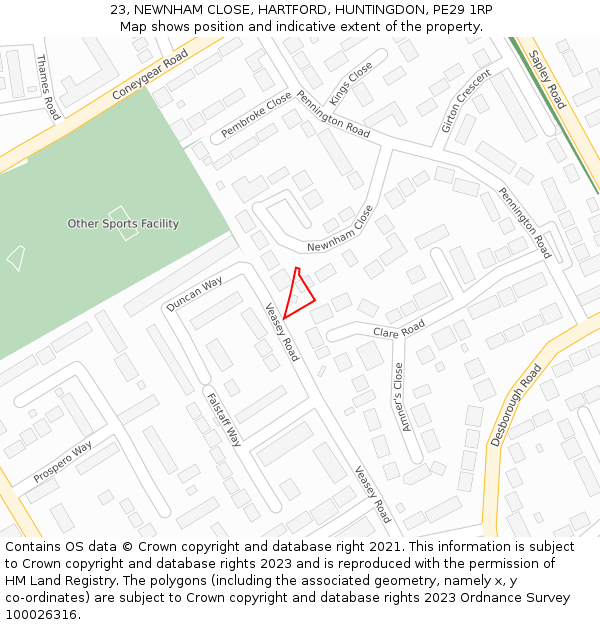 23, NEWNHAM CLOSE, HARTFORD, HUNTINGDON, PE29 1RP: Location map and indicative extent of plot