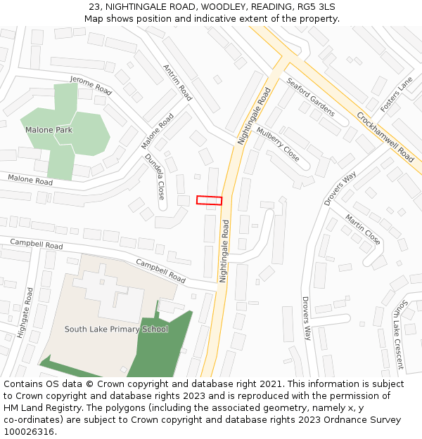 23, NIGHTINGALE ROAD, WOODLEY, READING, RG5 3LS: Location map and indicative extent of plot