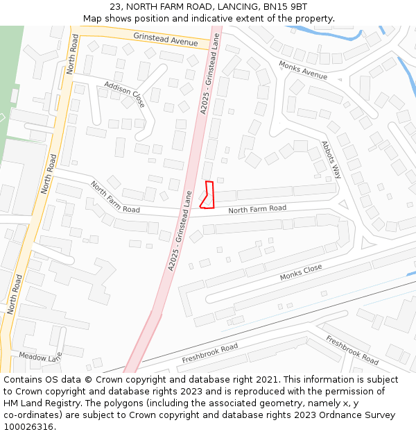23, NORTH FARM ROAD, LANCING, BN15 9BT: Location map and indicative extent of plot