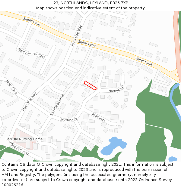 23, NORTHLANDS, LEYLAND, PR26 7XP: Location map and indicative extent of plot