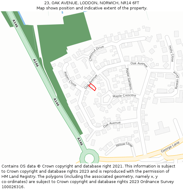 23, OAK AVENUE, LODDON, NORWICH, NR14 6FT: Location map and indicative extent of plot