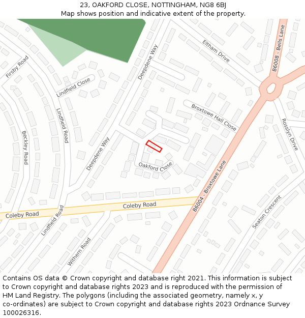 23, OAKFORD CLOSE, NOTTINGHAM, NG8 6BJ: Location map and indicative extent of plot