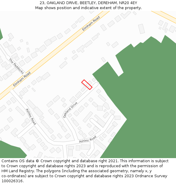 23, OAKLAND DRIVE, BEETLEY, DEREHAM, NR20 4EY: Location map and indicative extent of plot