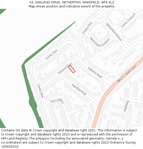 23, OAKLAND DRIVE, NETHERTON, WAKEFIELD, WF4 4LZ: Location map and indicative extent of plot