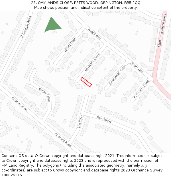 23, OAKLANDS CLOSE, PETTS WOOD, ORPINGTON, BR5 1QQ: Location map and indicative extent of plot