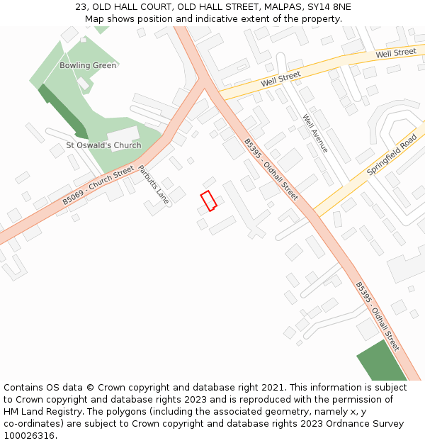 23, OLD HALL COURT, OLD HALL STREET, MALPAS, SY14 8NE: Location map and indicative extent of plot