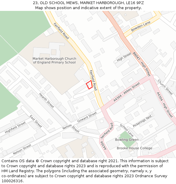 23, OLD SCHOOL MEWS, MARKET HARBOROUGH, LE16 9PZ: Location map and indicative extent of plot