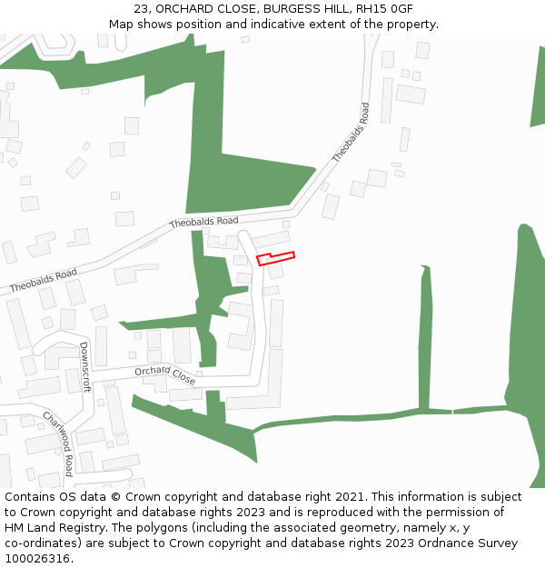 23, ORCHARD CLOSE, BURGESS HILL, RH15 0GF: Location map and indicative extent of plot