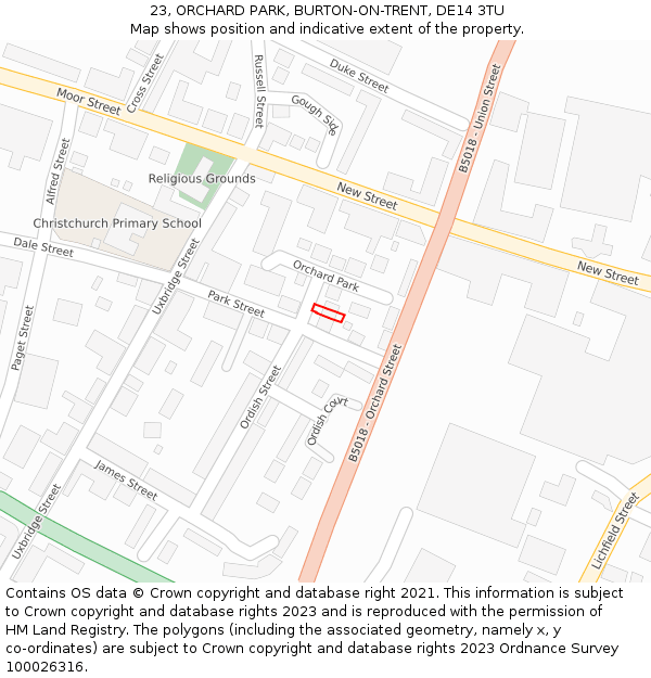 23, ORCHARD PARK, BURTON-ON-TRENT, DE14 3TU: Location map and indicative extent of plot