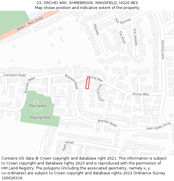 23, ORCHID WAY, SHIREBROOK, MANSFIELD, NG20 8ES: Location map and indicative extent of plot