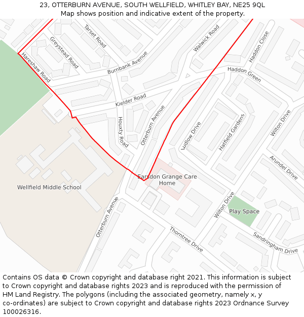 23, OTTERBURN AVENUE, SOUTH WELLFIELD, WHITLEY BAY, NE25 9QL: Location map and indicative extent of plot