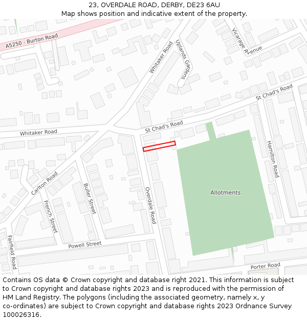23, OVERDALE ROAD, DERBY, DE23 6AU: Location map and indicative extent of plot