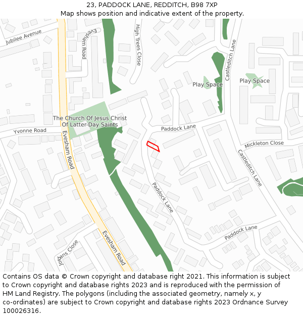 23, PADDOCK LANE, REDDITCH, B98 7XP: Location map and indicative extent of plot