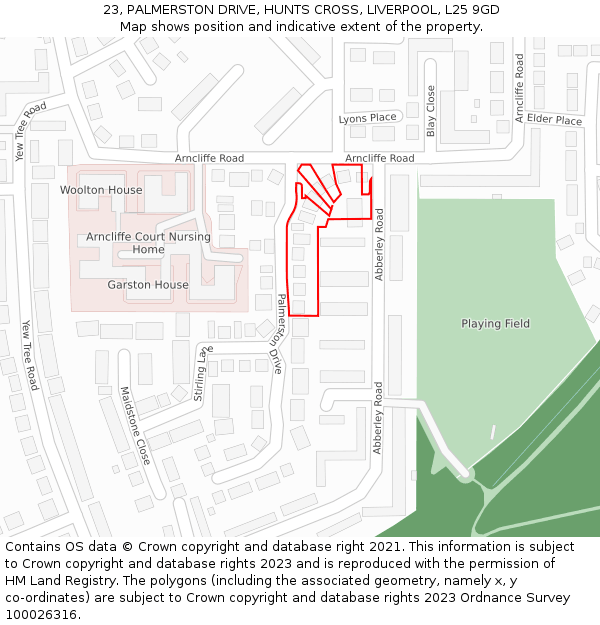 23, PALMERSTON DRIVE, HUNTS CROSS, LIVERPOOL, L25 9GD: Location map and indicative extent of plot
