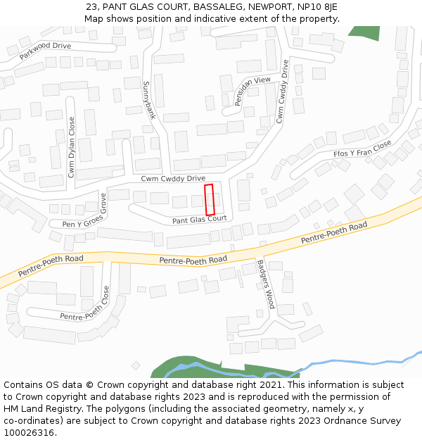 23, PANT GLAS COURT, BASSALEG, NEWPORT, NP10 8JE: Location map and indicative extent of plot