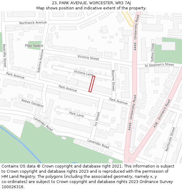 23, PARK AVENUE, WORCESTER, WR3 7AJ: Location map and indicative extent of plot