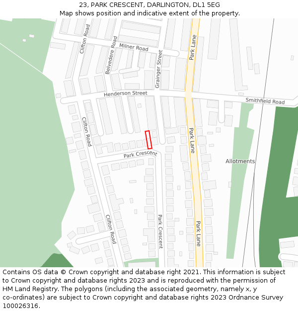 23, PARK CRESCENT, DARLINGTON, DL1 5EG: Location map and indicative extent of plot