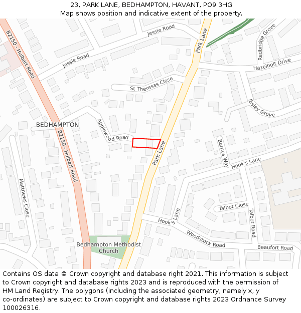 23, PARK LANE, BEDHAMPTON, HAVANT, PO9 3HG: Location map and indicative extent of plot