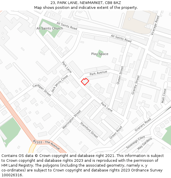 23, PARK LANE, NEWMARKET, CB8 8AZ: Location map and indicative extent of plot