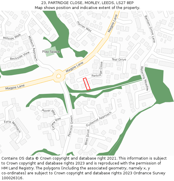 23, PARTRIDGE CLOSE, MORLEY, LEEDS, LS27 8EP: Location map and indicative extent of plot
