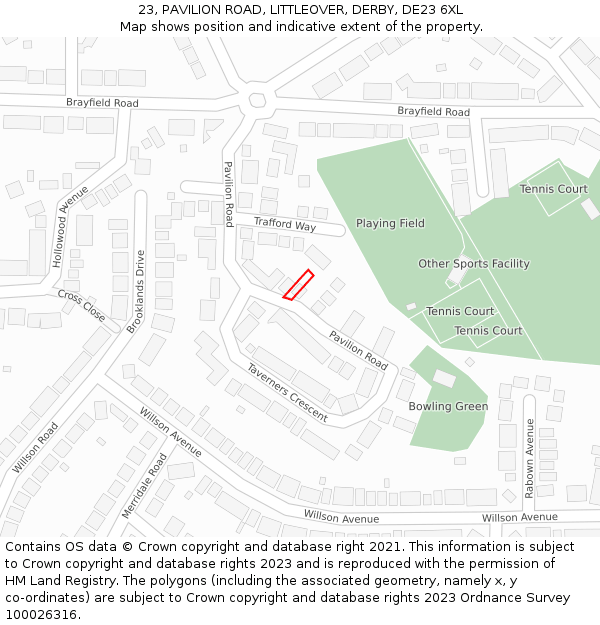 23, PAVILION ROAD, LITTLEOVER, DERBY, DE23 6XL: Location map and indicative extent of plot
