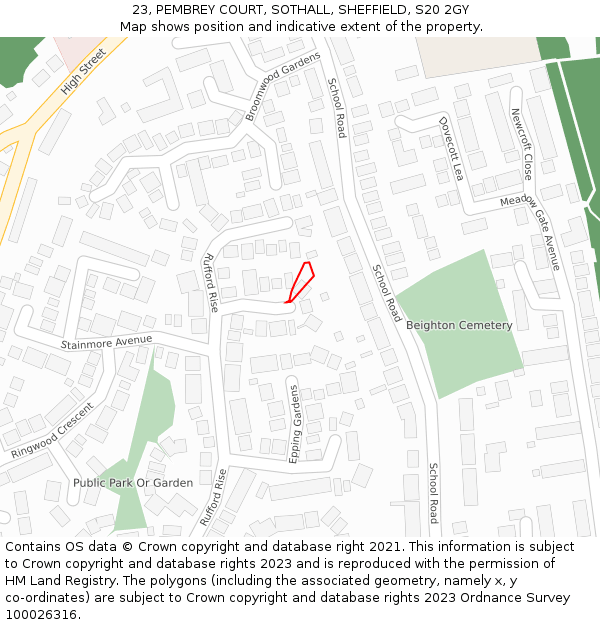 23, PEMBREY COURT, SOTHALL, SHEFFIELD, S20 2GY: Location map and indicative extent of plot