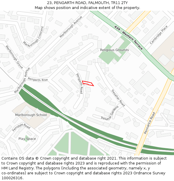 23, PENGARTH ROAD, FALMOUTH, TR11 2TY: Location map and indicative extent of plot