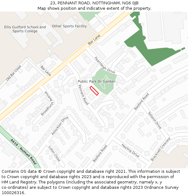 23, PENNANT ROAD, NOTTINGHAM, NG6 0JB: Location map and indicative extent of plot