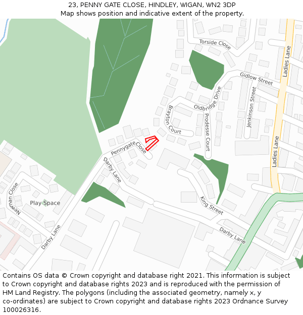 23, PENNY GATE CLOSE, HINDLEY, WIGAN, WN2 3DP: Location map and indicative extent of plot