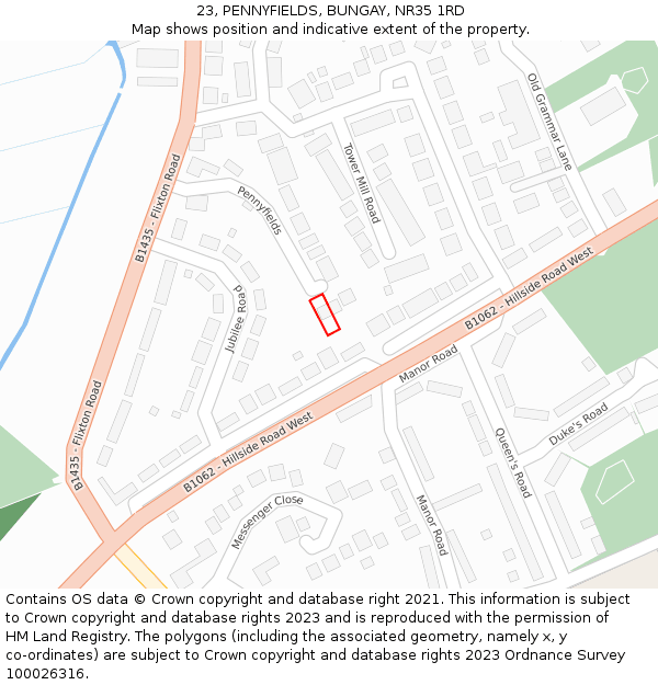 23, PENNYFIELDS, BUNGAY, NR35 1RD: Location map and indicative extent of plot