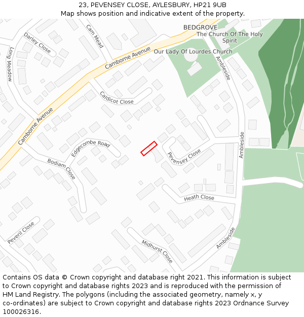23, PEVENSEY CLOSE, AYLESBURY, HP21 9UB: Location map and indicative extent of plot