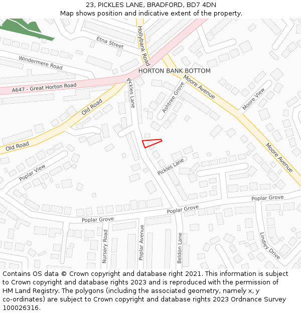 23, PICKLES LANE, BRADFORD, BD7 4DN: Location map and indicative extent of plot