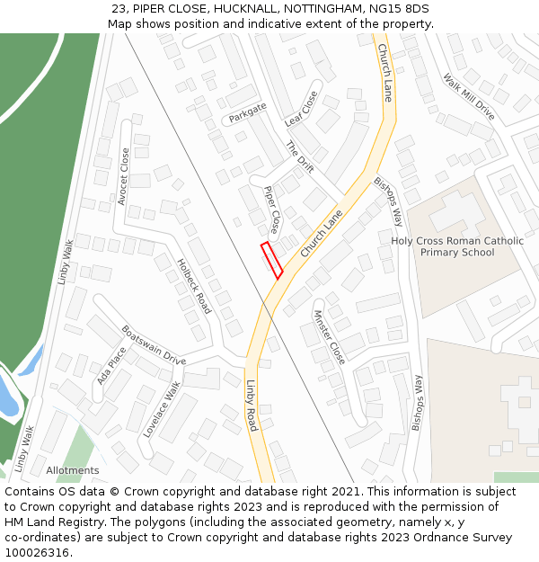 23, PIPER CLOSE, HUCKNALL, NOTTINGHAM, NG15 8DS: Location map and indicative extent of plot